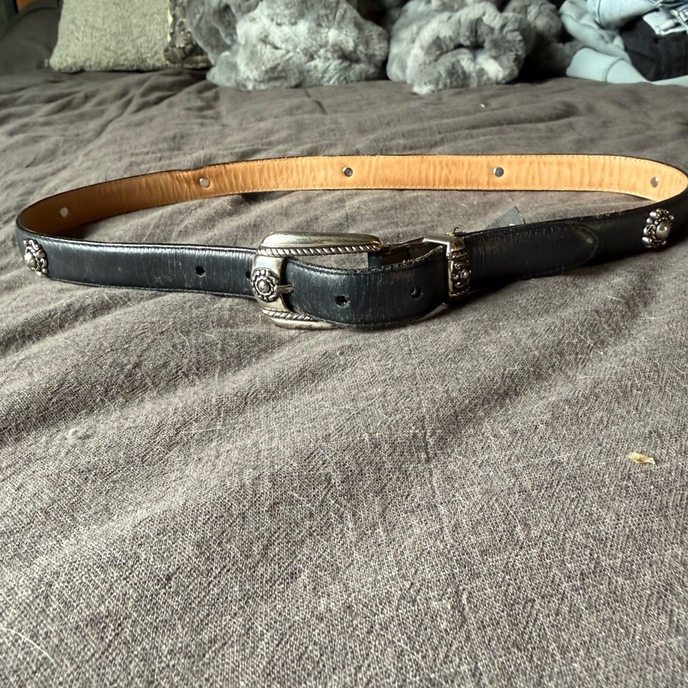 Brighton Black and Tan Leather Belt with Silver Accents